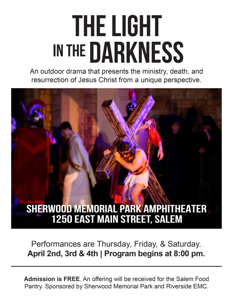 REMC Easter drama flyer 2026 April second, third, and fourth 2026 at 8 pm Sherwood Park Amphitheater